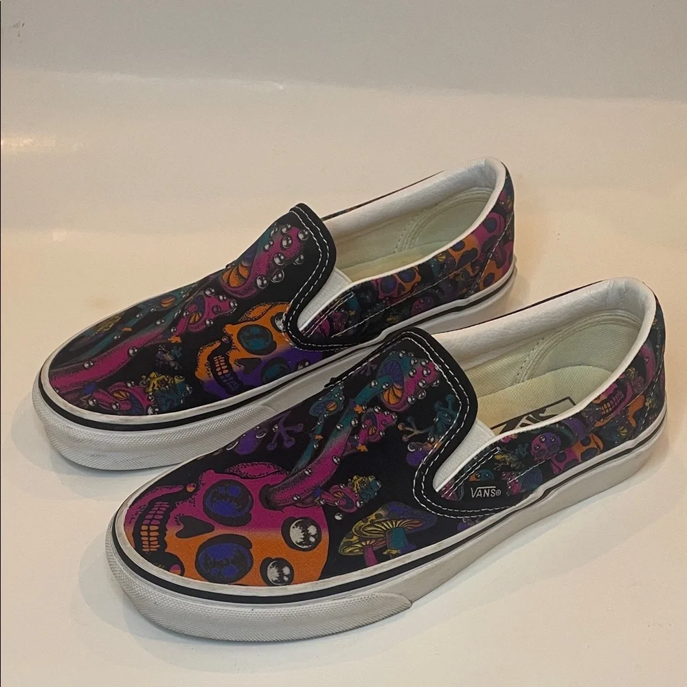 Vans Slip-On Trippy Drip Skull Mushroom Retro Sneakers Unisex Men 5.5 Women 7
